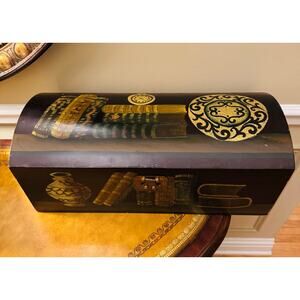 Unique Wood Lacquer Chest Large Box Hand Painted Brown Black Oriental Accent
